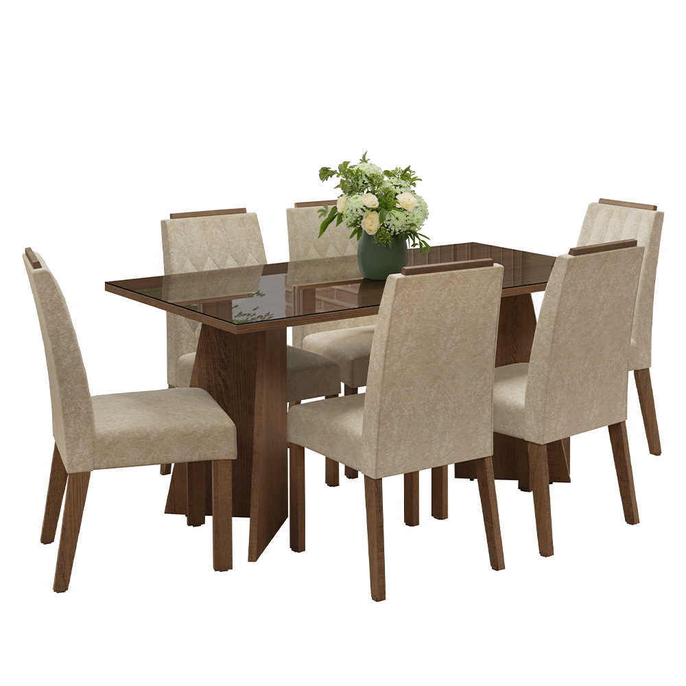 Juego de Comedor Sintra con 6 Sillas - Tablero de Madera y Cristal Marrón/Imperial