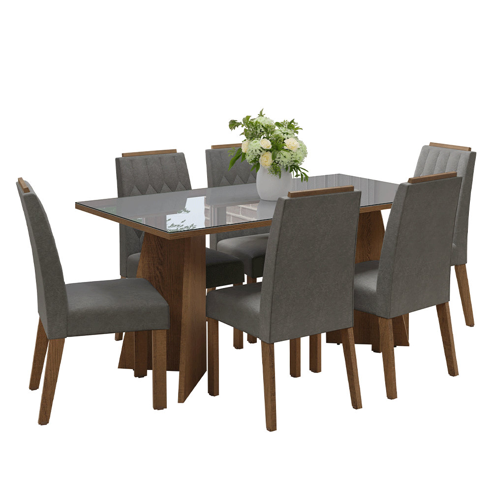 Juego de Comedor Sintra con 6 Sillas - Tablero de Madera y Cristal Marrón/Gris/Plateado