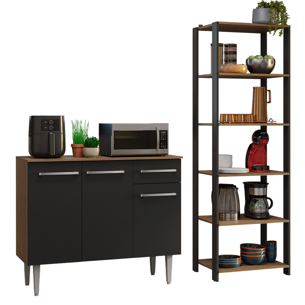 Kit Mueble de Cocina Bajo 1.05 m + Estante Organizador Multiuso 5 Niveles Marrón/Negro