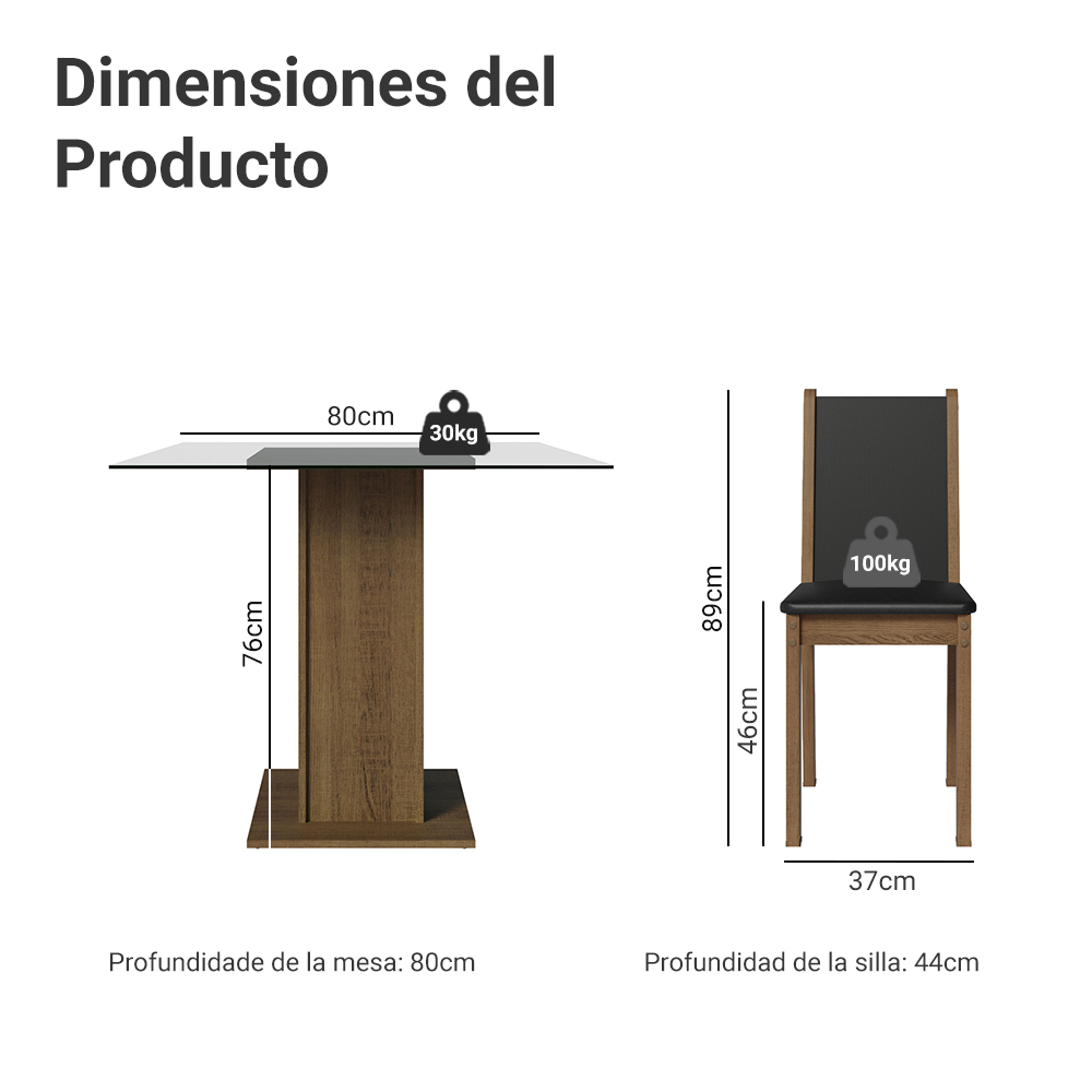 Juego de Comedor Aline con 4 Sillas - Encimera Cuadrada de Cristal Marrón/Negro