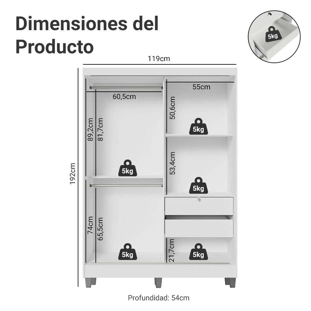 Clóset Luke con Patas 2 Puertas Corredizas 1 Espejo Blanco 192 cm x 120 cm x 53 cm