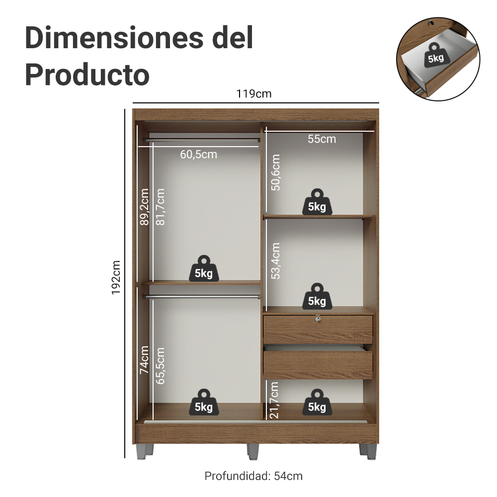 Clóset Luke con Patas 2 Puertas Corredizas 2 Cajones Marrón 192 cm x 120 cm x 53 cm
