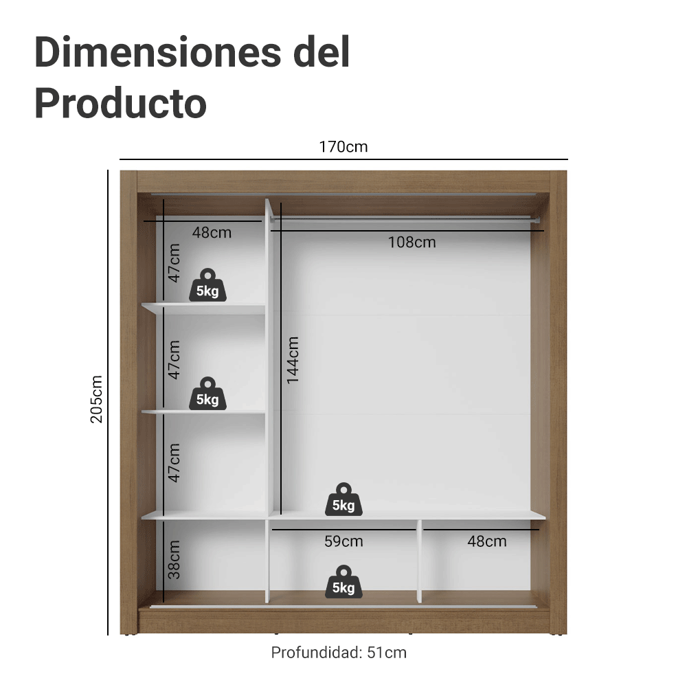 Clóset Monaco 3 Puertas Corredizas 2 Espejos Marrón 170 cm x 205 cm x 51 cm