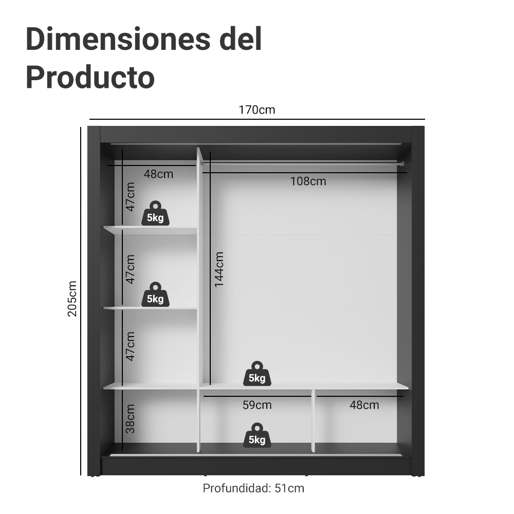 Clóset Monaco 3 Puertas Corredizas 1 Espejo Negro 170 cm x 205 cm x 51 cm