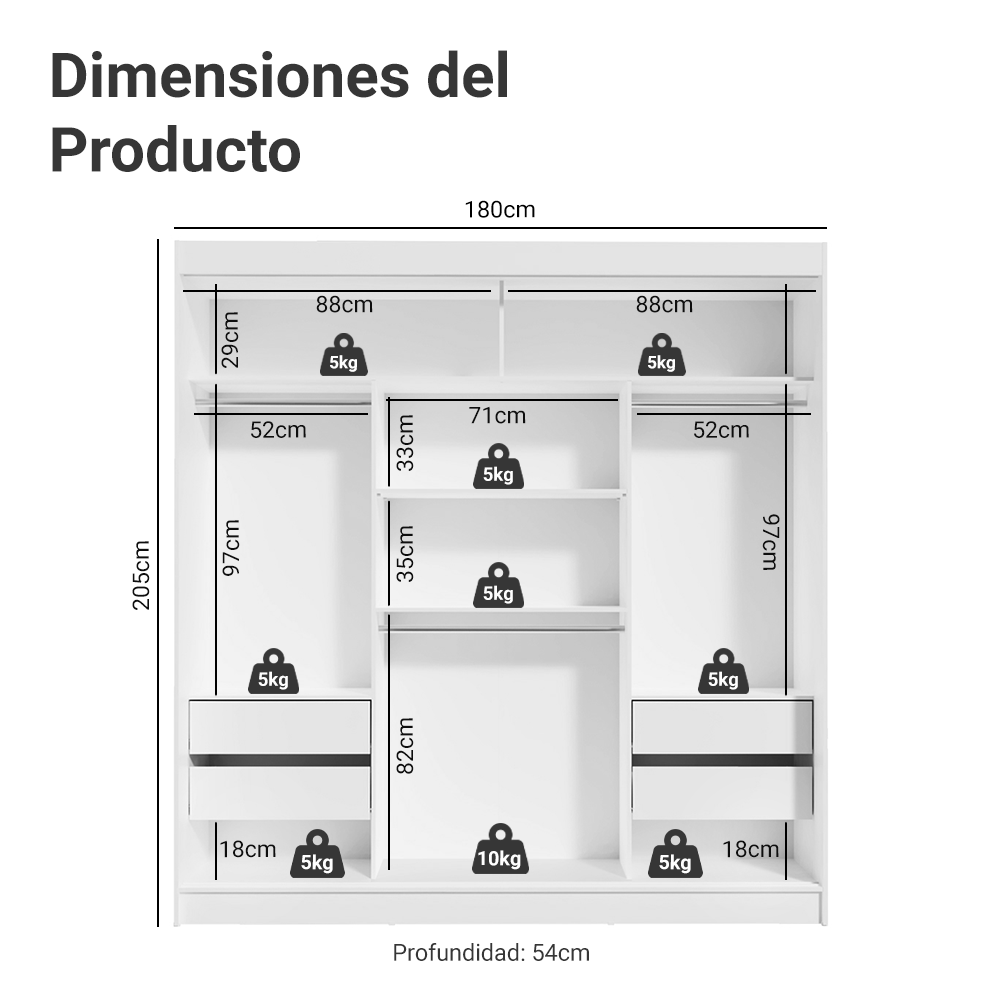 Clóset Reno 3 Puertas Corredizas 1 Espejo Blanco 180 cm x 205 cm x 54 cm