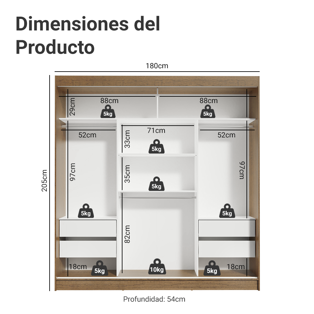 Clóset Reno 3 Puertas Corredizas 1 Espejo Marrón/Blanco 180 cm x 205 cm x 54 cm