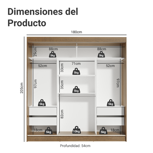 Clóset Reno 3 Puertas Corredizas con Espejos Marrón/Blanco 180 cm x 205 cm x 54 cm