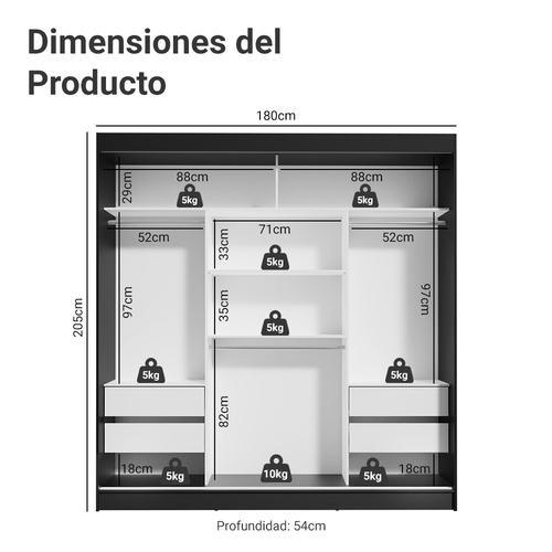 Clóset Reno 3 Puertas Corredizas 4 Cajones Negro/Blanco 180 cm x 205 cm x 54 cm