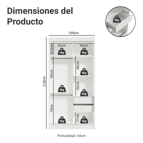 Clóset Tokio 2 Puertas Corredizas con Espejos Blanco 218 cm x 109 cm x 54 cm