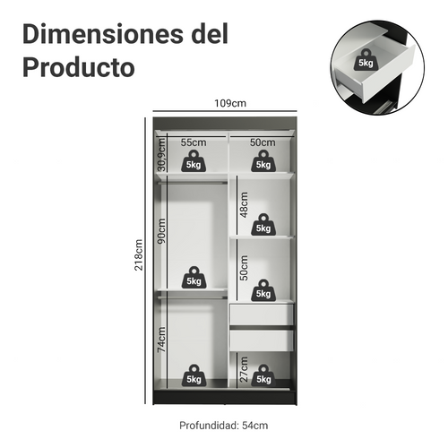 Clóset Tokio 2 Puertas Corredizas 2 Cajones Negro/Blanco 218 cm x 109 cm x 54 cm
