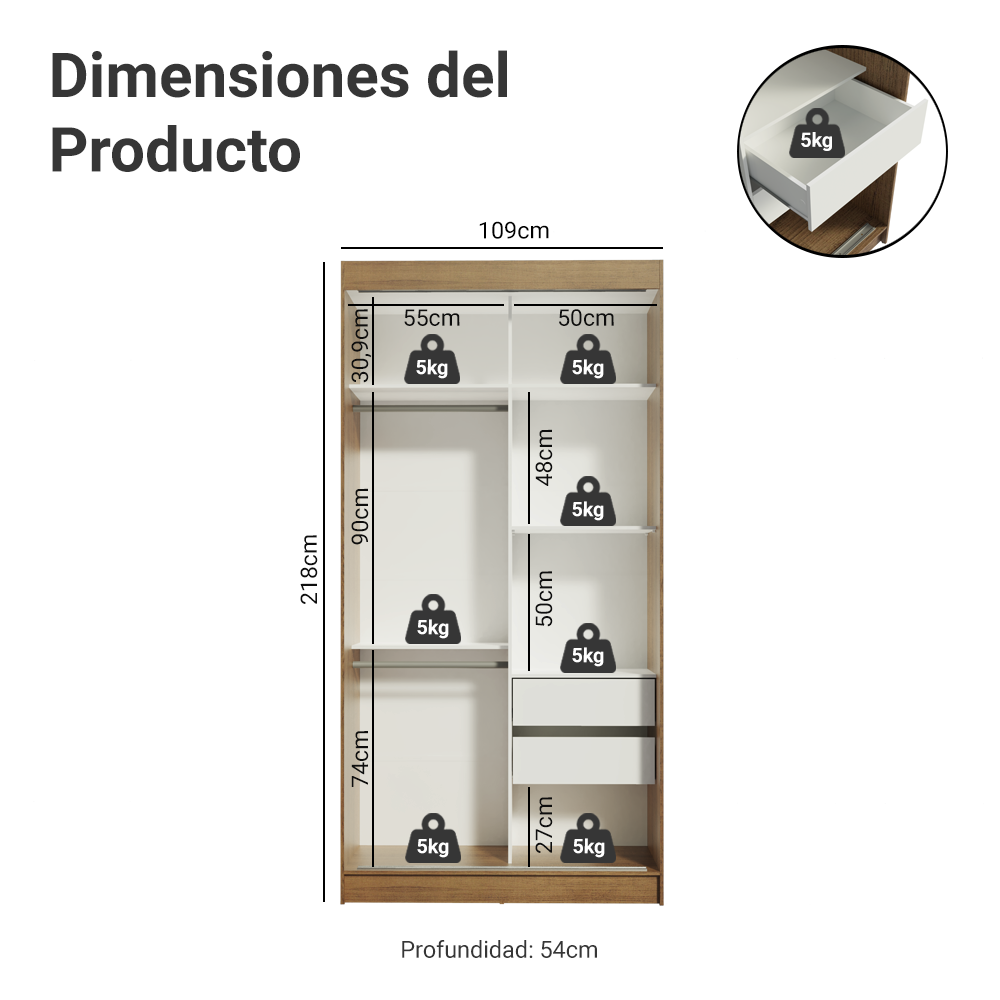 Clóset Tokio 2 Puertas Corredizas con Espejos Marrón/Negro 218 cm x 109 cm x 54 cm