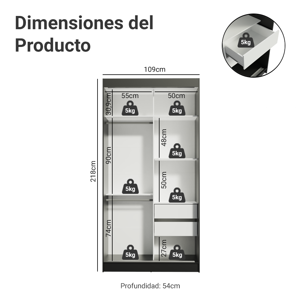 Clóset Tokio 2 Puertas Corredizas 2 Cajones Negro 218 cm x 109 cm x 54 cm