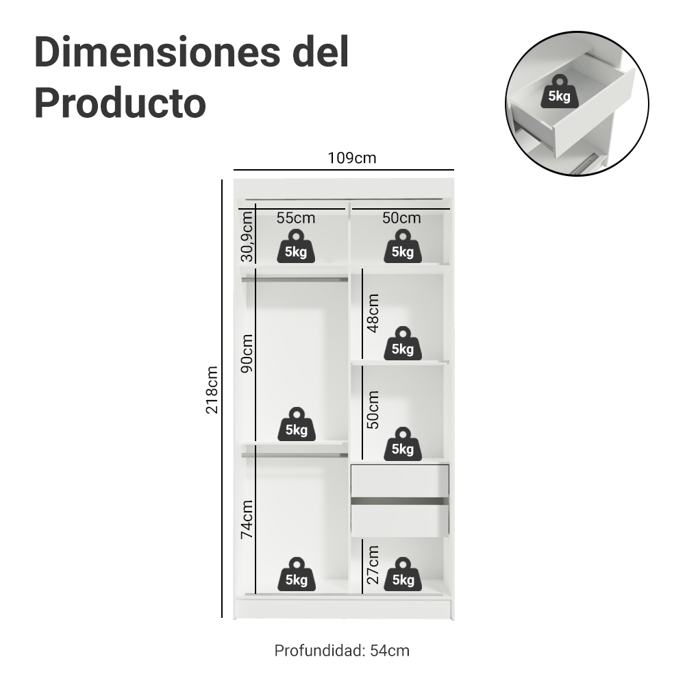 Clóset Tokio 2 Puertas Corredizas 2 Cajones Blanco/Marrón 218 cm x 109 cm x 54 cm