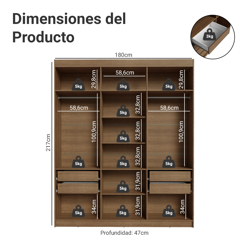 Closet Venus 6 Puertas 4 Cajones 2 Barrales MarrónNegro