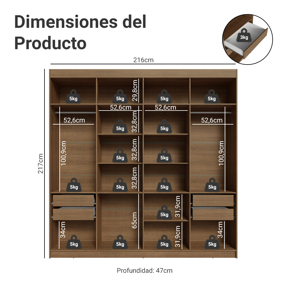 Closet Venus 8 Puertas 4 Cajones 2 Espejos MarrónBlanco