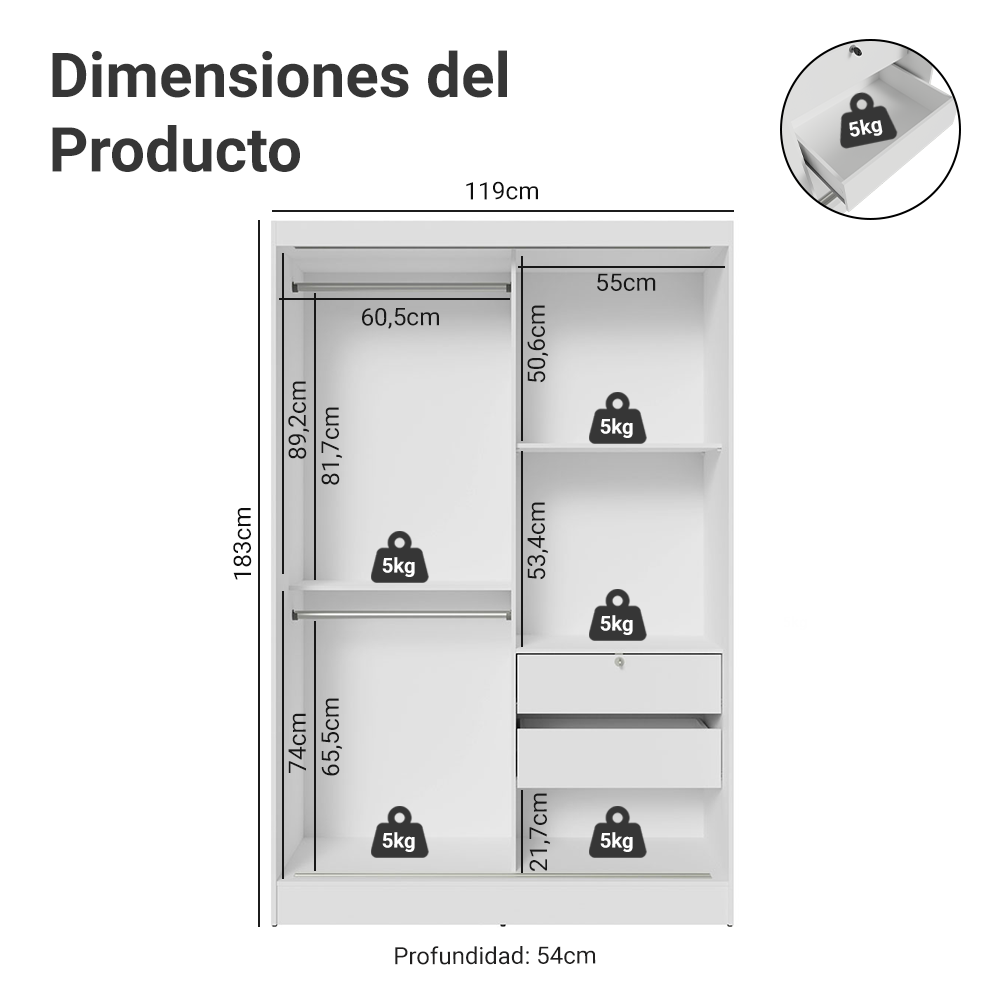 Closet Max 2 Puertas Corredizas con Espejos Blanco 183 cm x 119 cm x 54 cm