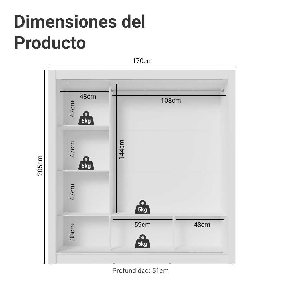 Clóset Nobre 3 Puertas Corredizas 2 Espejos Blanco/Marrón 205 cm x 170 cm x 51 cm