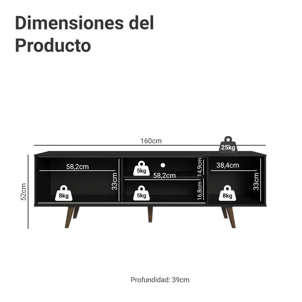 Centro de Entretenimiento Mesa para TV Dubai Hasta 65 Pulgadas Negro (Patas Marrón)