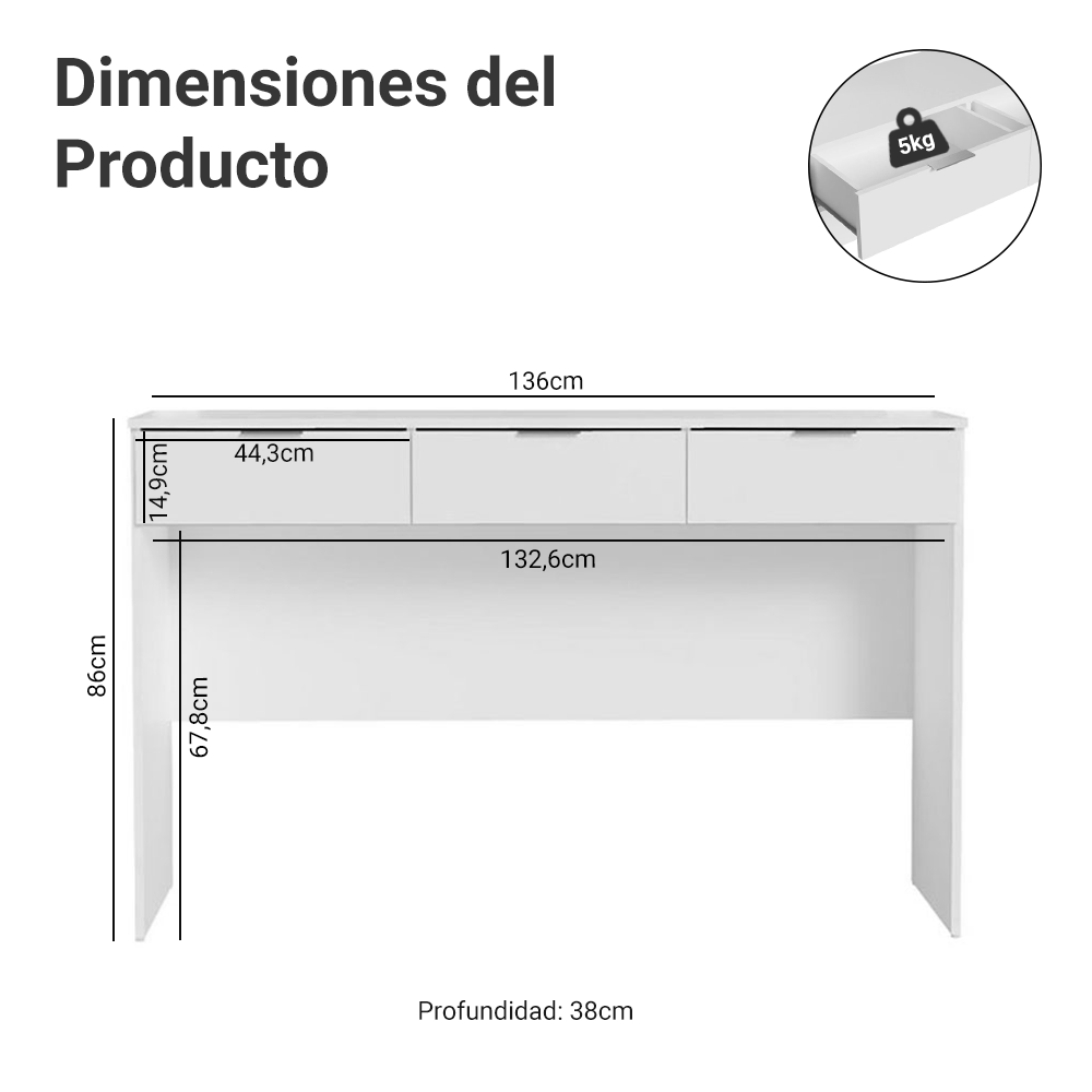 Tocador de Camerino Carly con 3 Cajones (Sin Espejo) Blanco