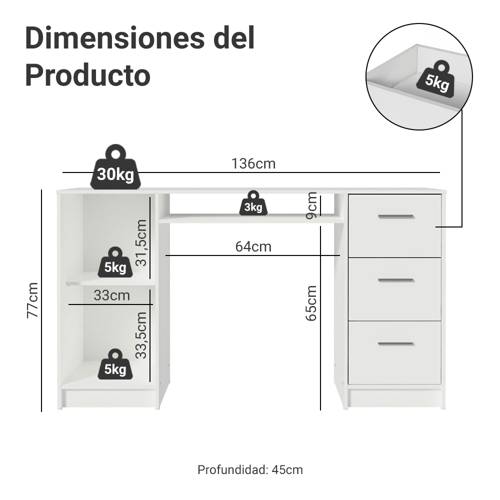 Escritorio de Oficina Alaska 1 Puerta 3 Cajones