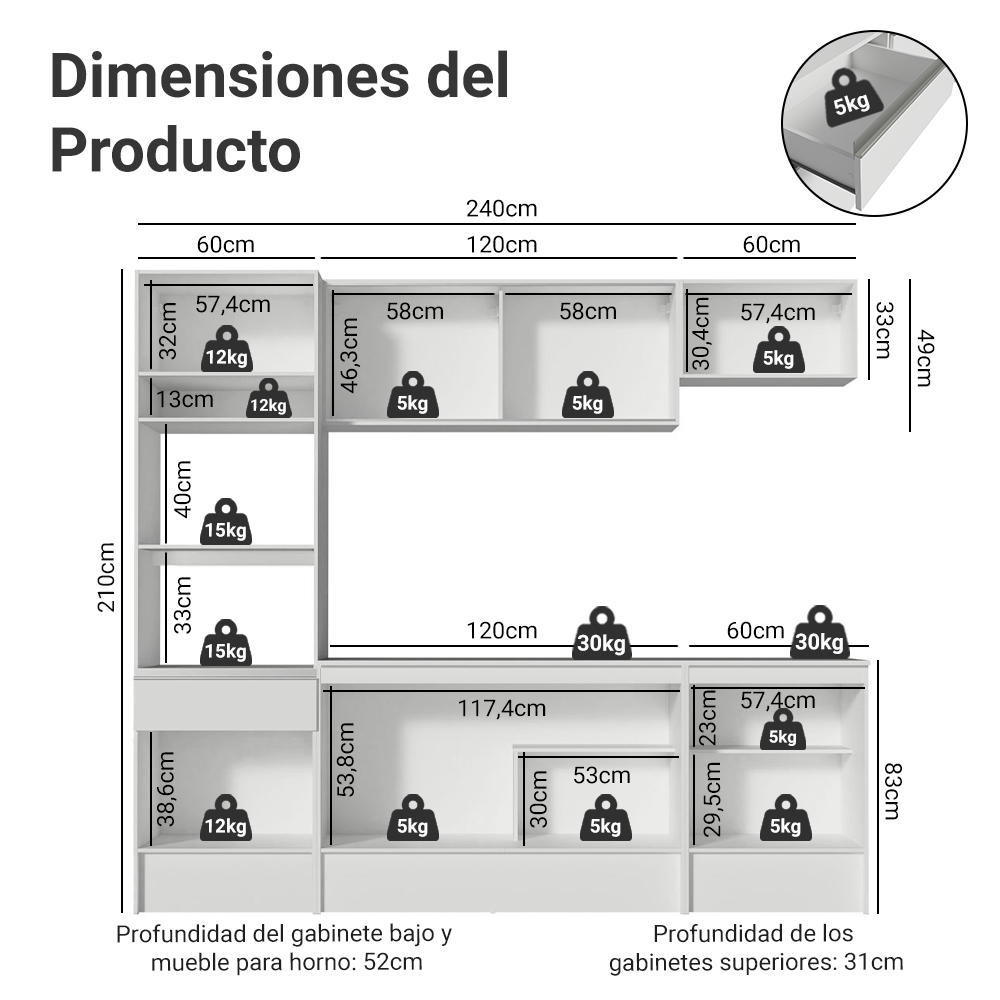Cocina Integral Diamante 2.40 m con Encimera Blanco