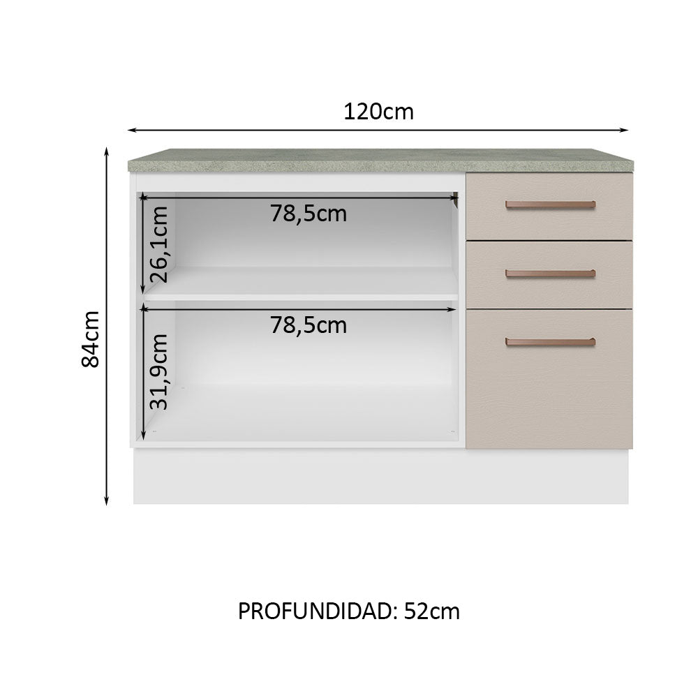 Mueble de Cocina Bajo Agata 1.20 m 2 Puertas 3 Cajones con Encimera Blanco/Crema