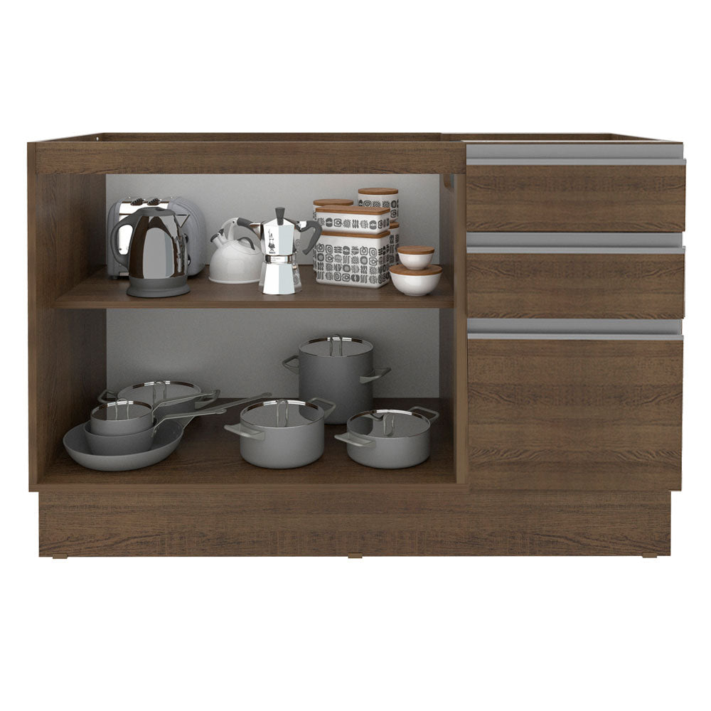 Mueble de Cocina Bajo Glamy 1.20 m 2 Puertas 3 Cajones y Portacubiertos Marrón