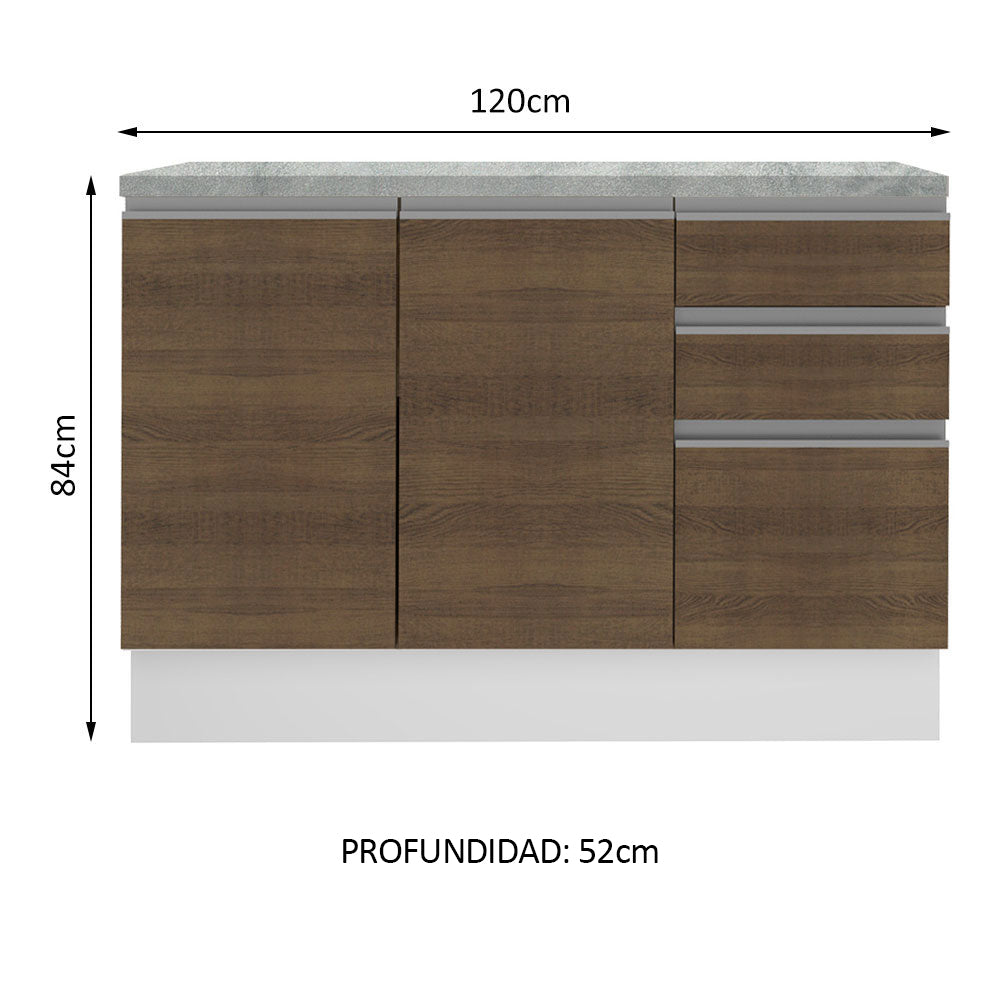 Mueble de Cocina Bajo Glamy 1.20 m 2 Puertas 3 Cajones con Encimera Blanco/Marrón