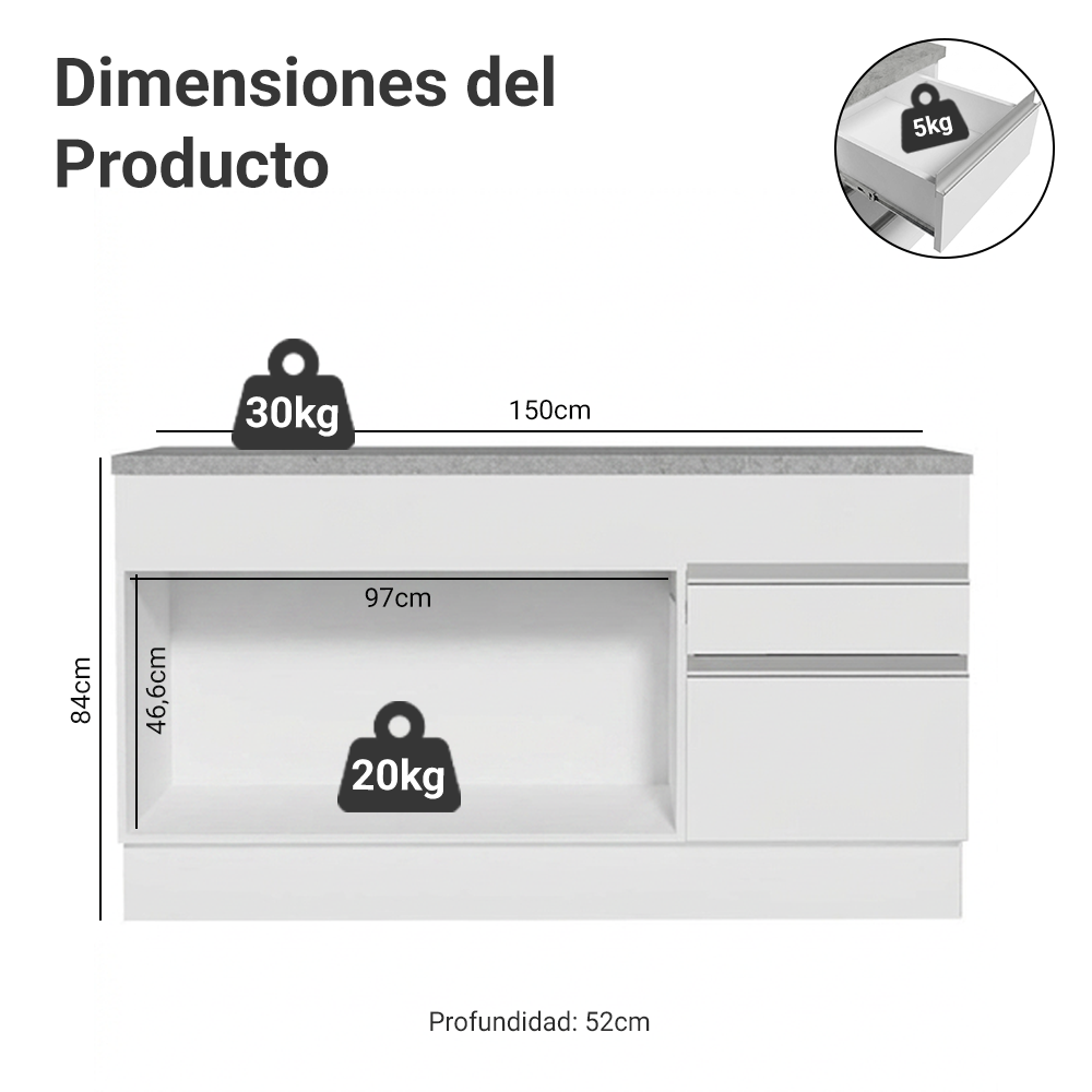 Mueble de Cocina Bajo Glamy 1.50 m 2 Puertas 2 Cajones con Encimera Blanco