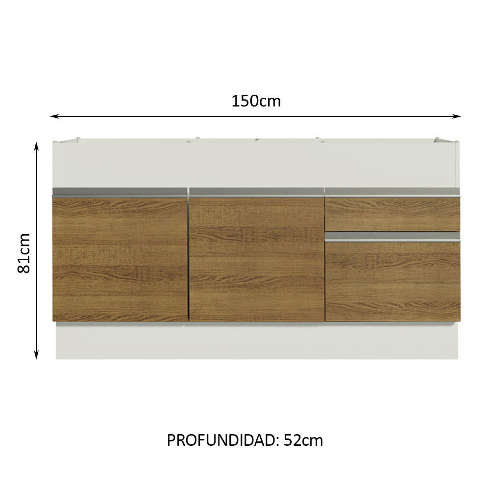 Mueble de Cocina Bajo Glamy 1.50 m 2 Puertas 2 Cajones Blanco/Marrón