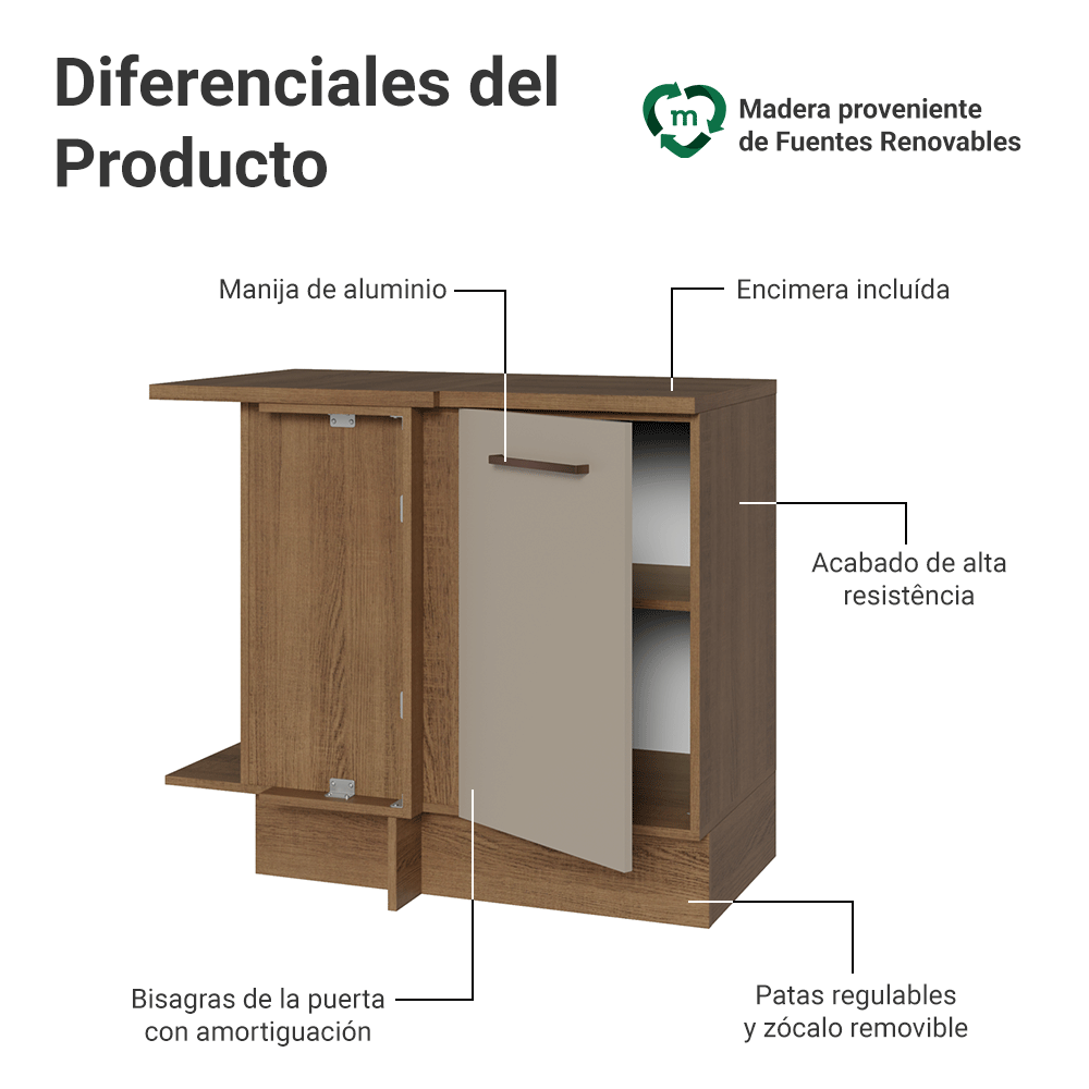 Mueble de Cocina Bajo de Esquina Agata 1 Puerta Marrón/Crema