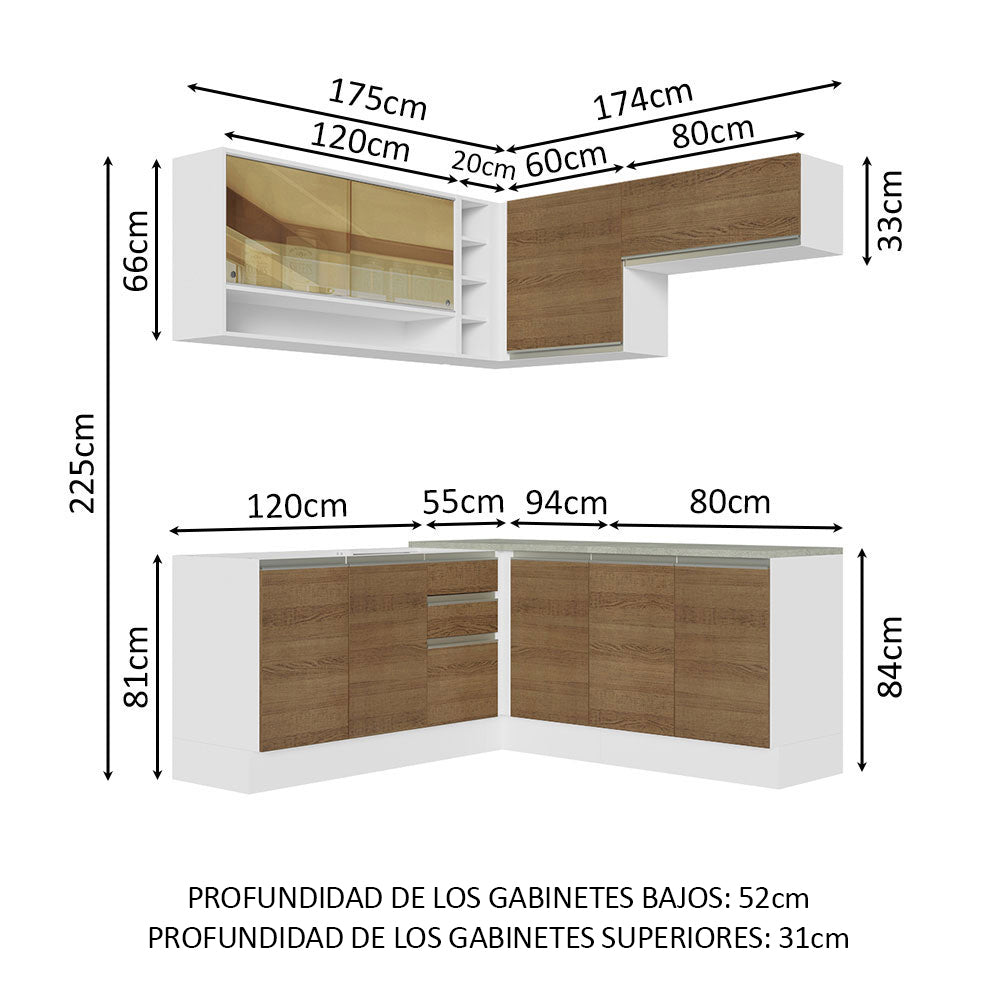 Cocina Integral de Esquina Glamy 3.50 m con Mesón de Acero Blanco/Marrón 02