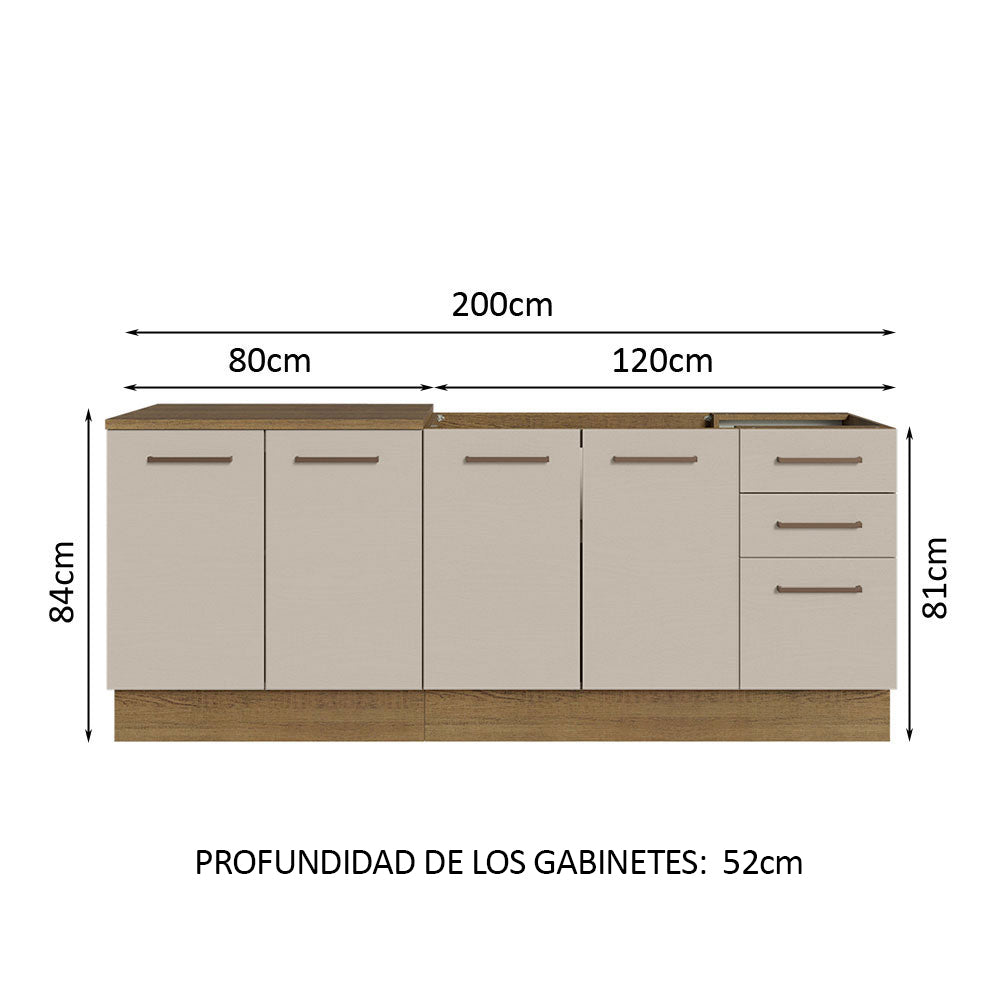 Kit 2 Muebles de Cocina Bajo Agata 2.00 Metros Marrón/Crema