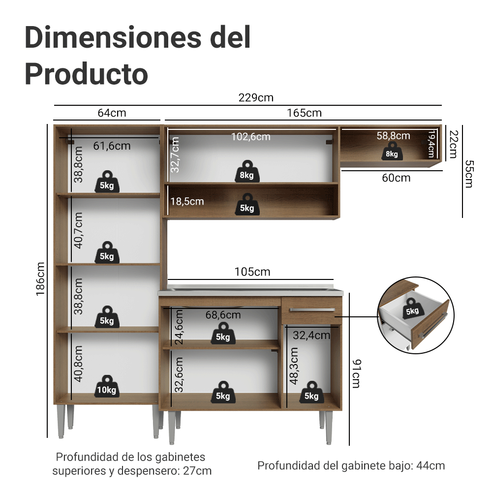 Cocina Integral Emilly 2.30 m con Mesón de Acero 12