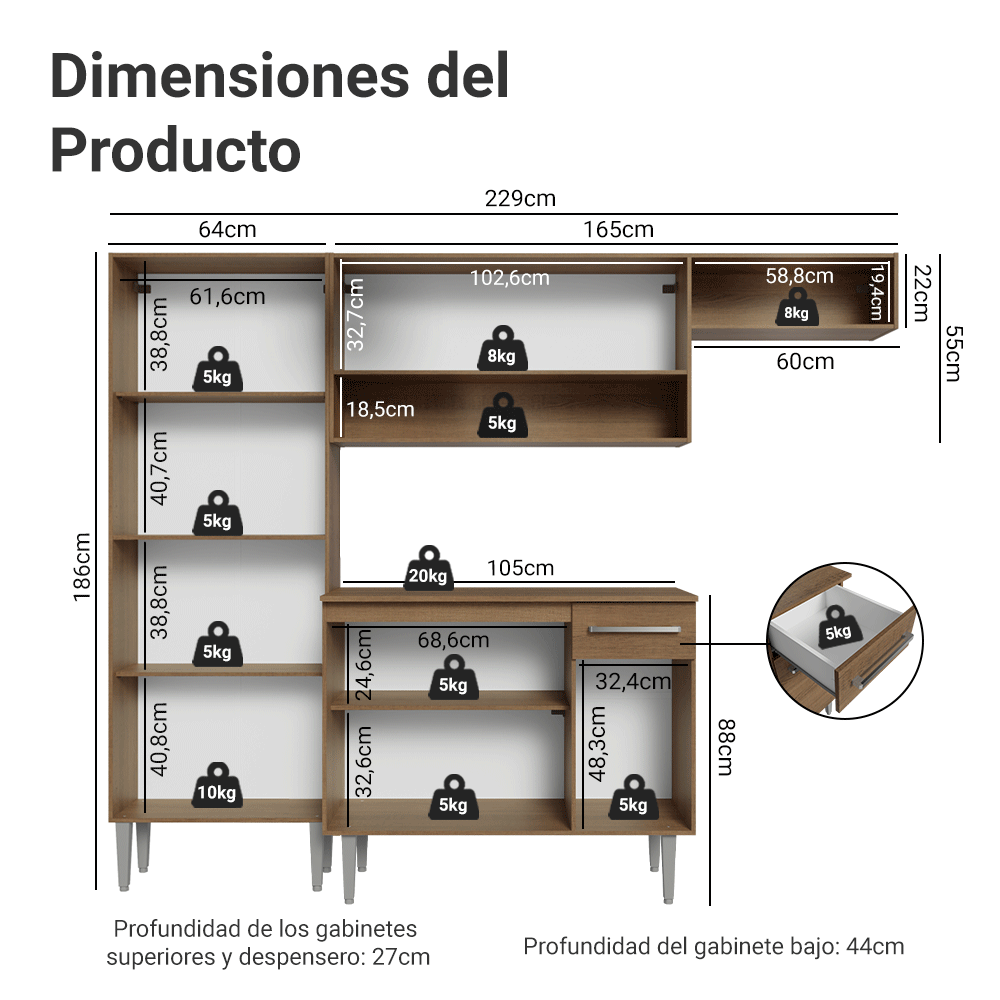Cocina Integral Emilly 2.30 Metros Marrón 16