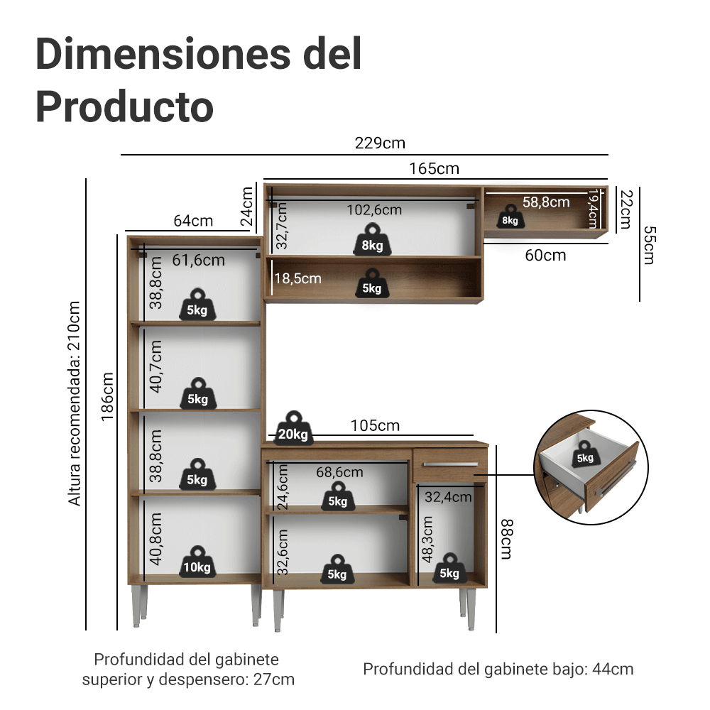 Cocina Integral Emilly 2.30 Metros Marrón 18