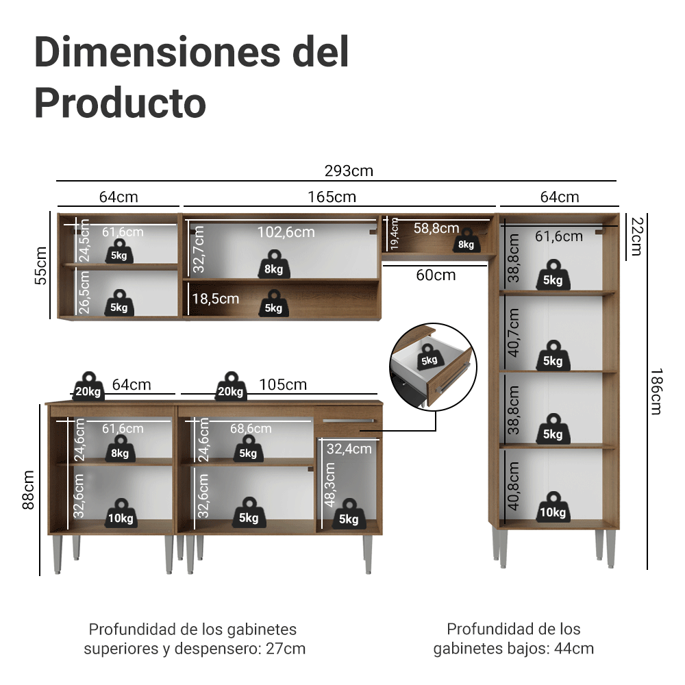 Cocina Integral Emilly 2.90 Metros Marrón/Negro 01