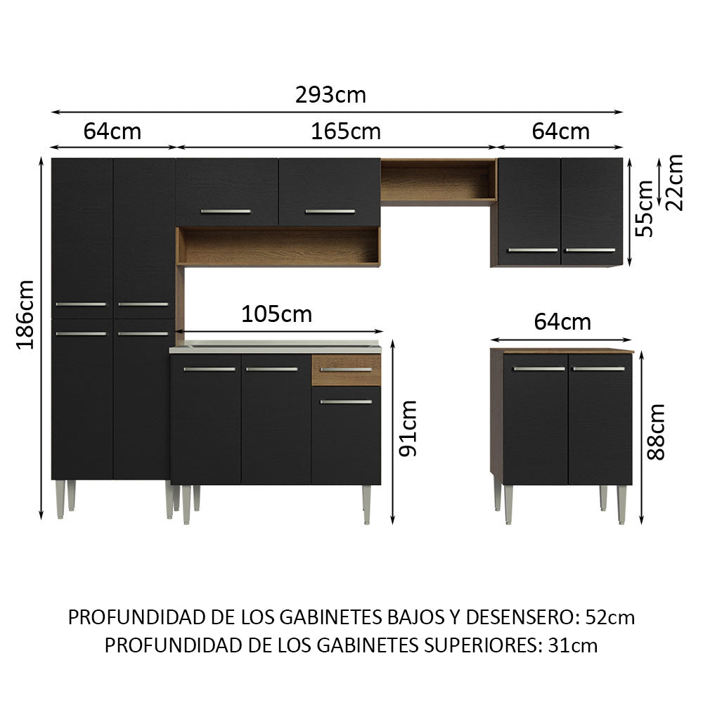Cocina Integral Emilly 2.90 m con Mesón de Acero Marrón/Negro 08