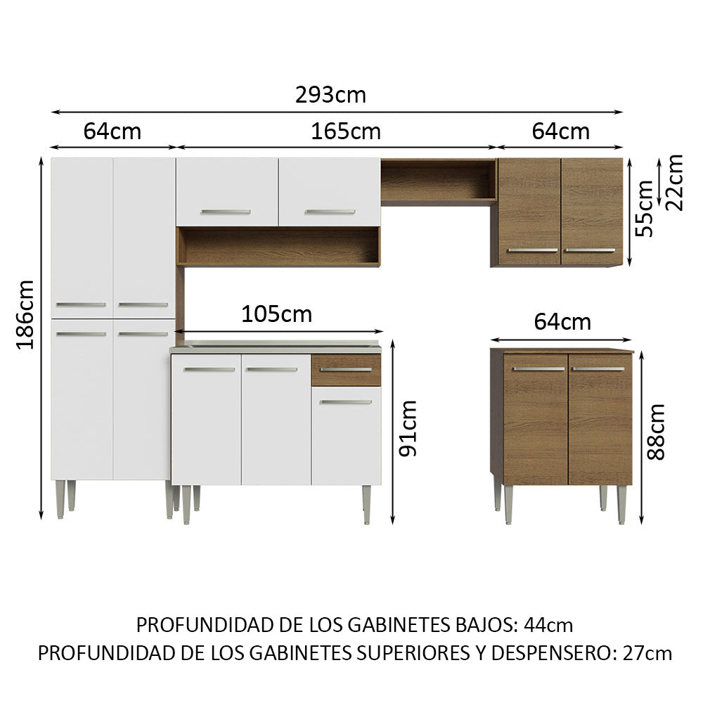 Cocina Integral Emilly 2.90 m con Mesón de Acero Marrón/Blanco 08