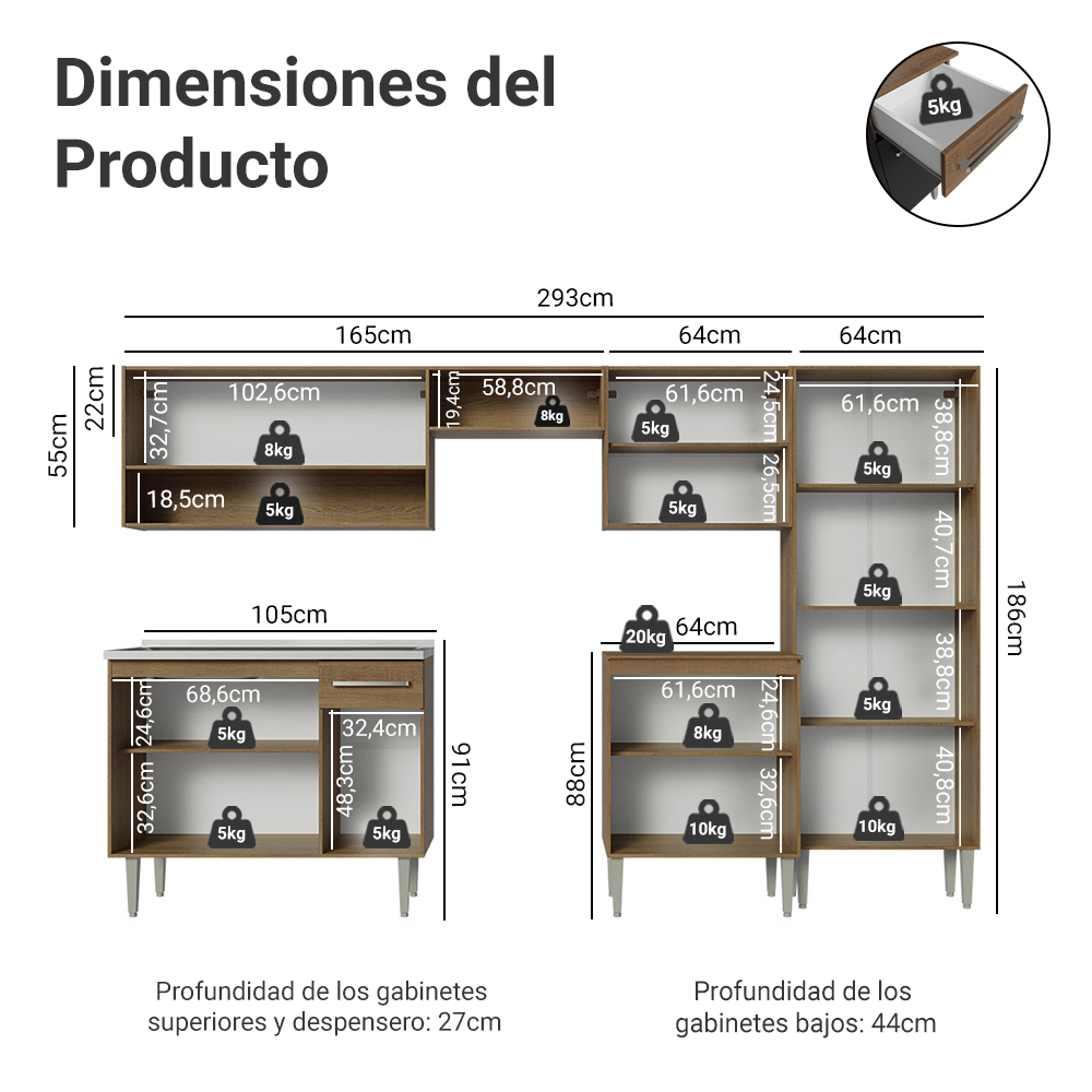 Cocina Integral Emilly 2.90 m con Mesón de Acero Marrón/Negro 09