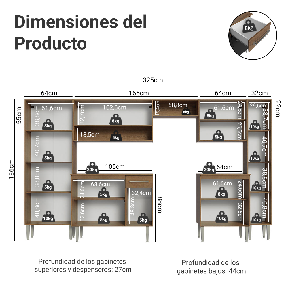Cocina Integral Emilly Joy 3.25 Metros Marrón/Negro