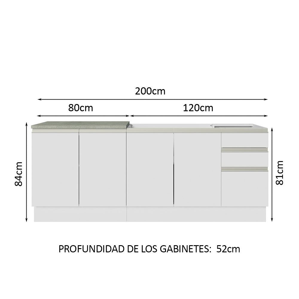 Kit 2 Muebles de Cocina Bajo Glamy 2.00 Metros Blanco