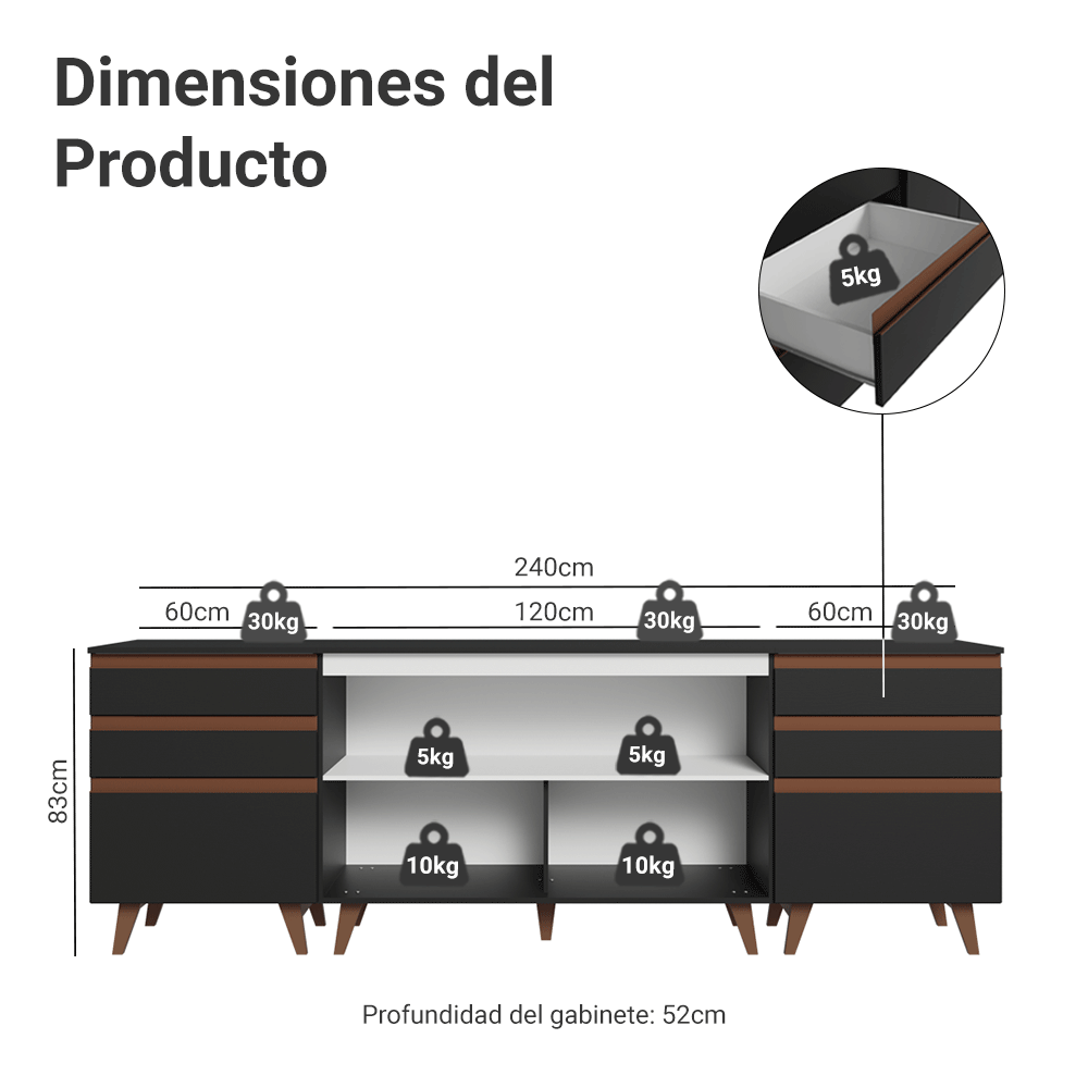 Kit 3 Muebles de Cocina Bajos Reims 2.40 m con Encimera Negro