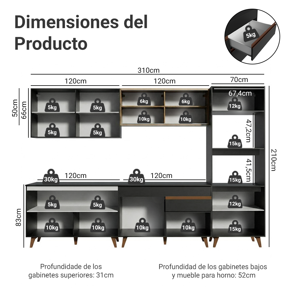 Cocina Integral Reims 3.10 m con Encimera Negro/Marrón 01
