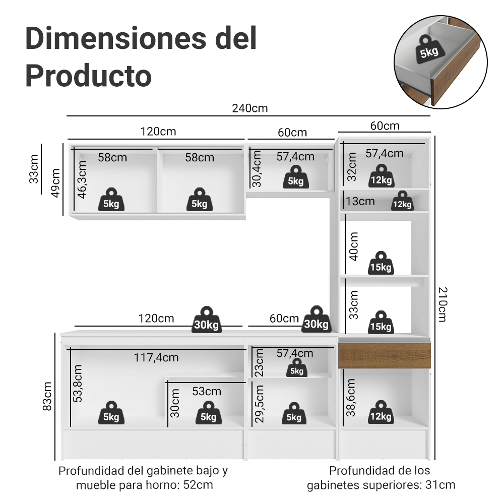 Cocina Integral Diamante 2.40 m con Encimera Blanco/Marrón 06