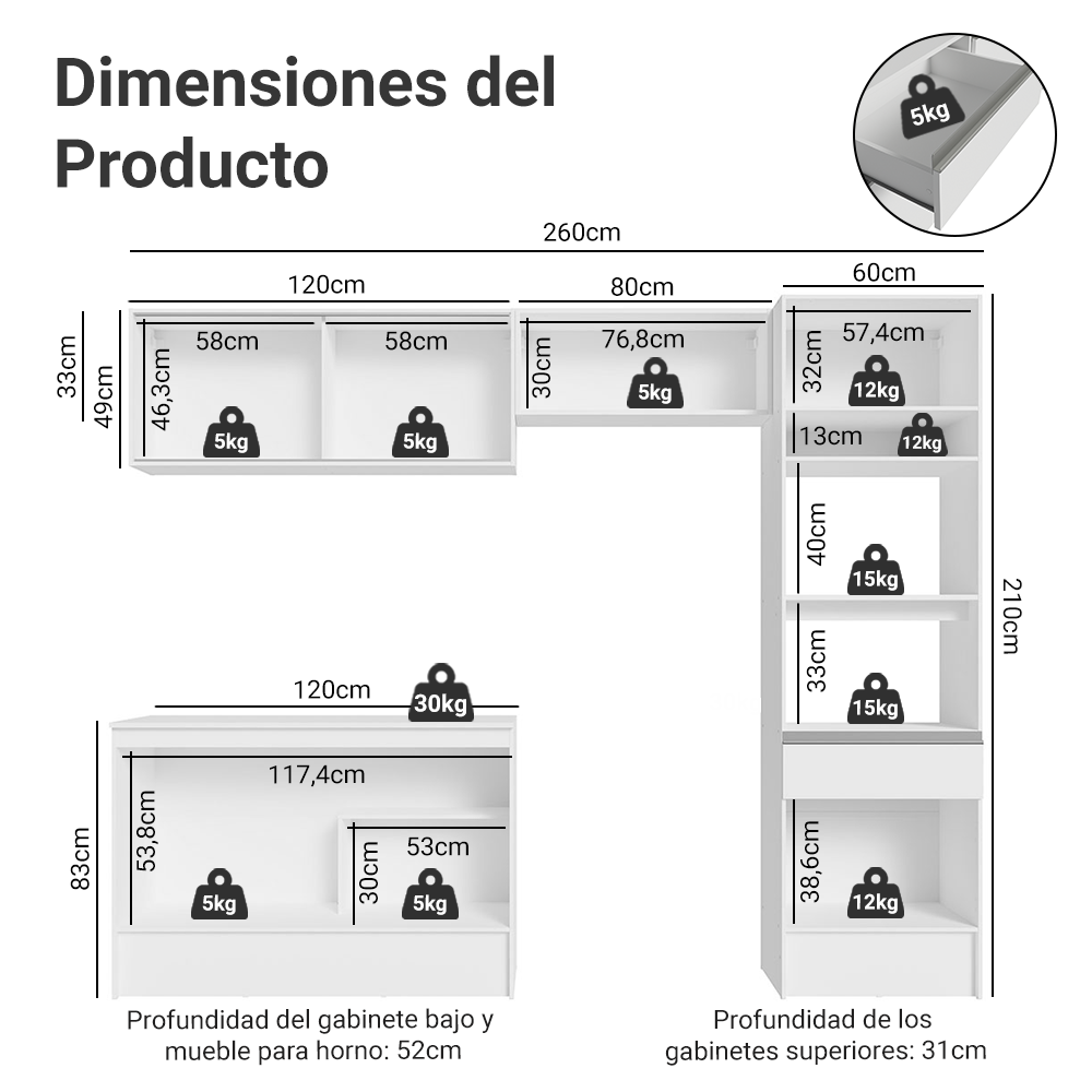 Cocina Integral Diamante 2.60 m con Encimera Blanco