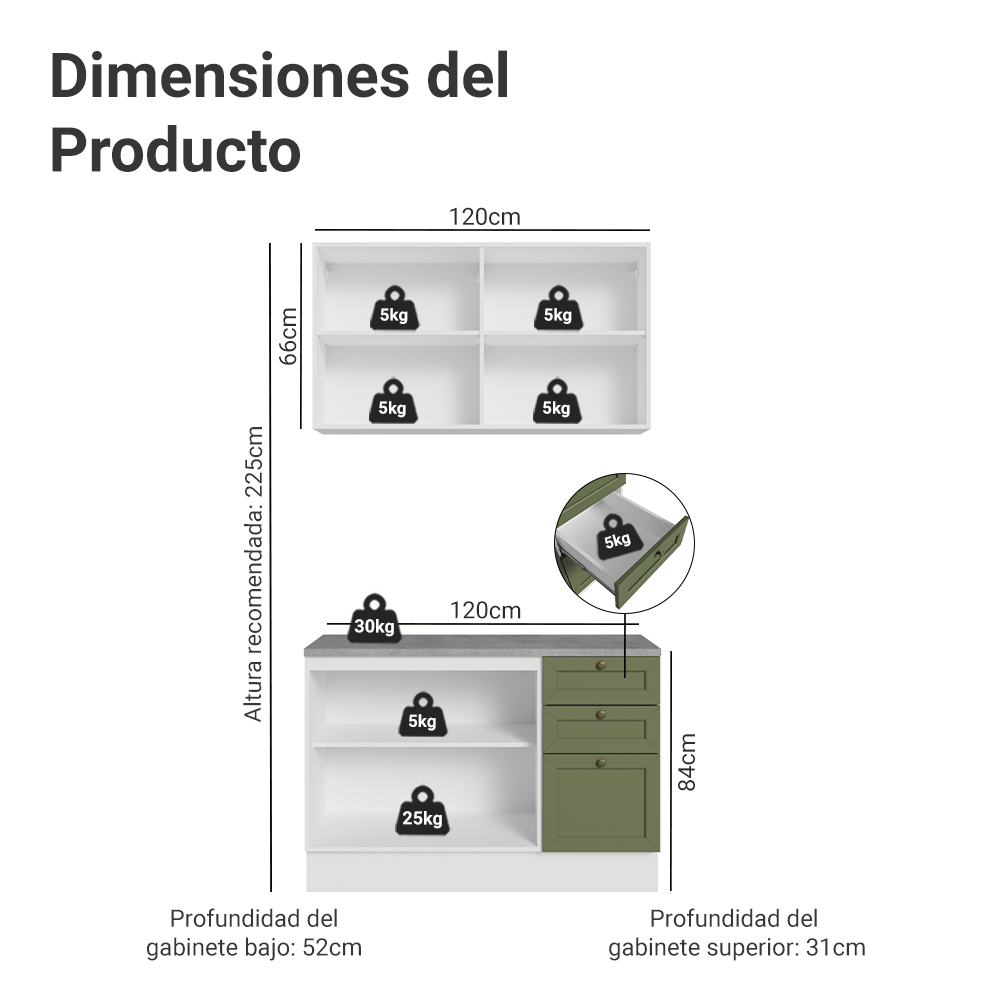 Cocina Integral Vik 1.20 Metros con Encimera Blanco/Verde 01