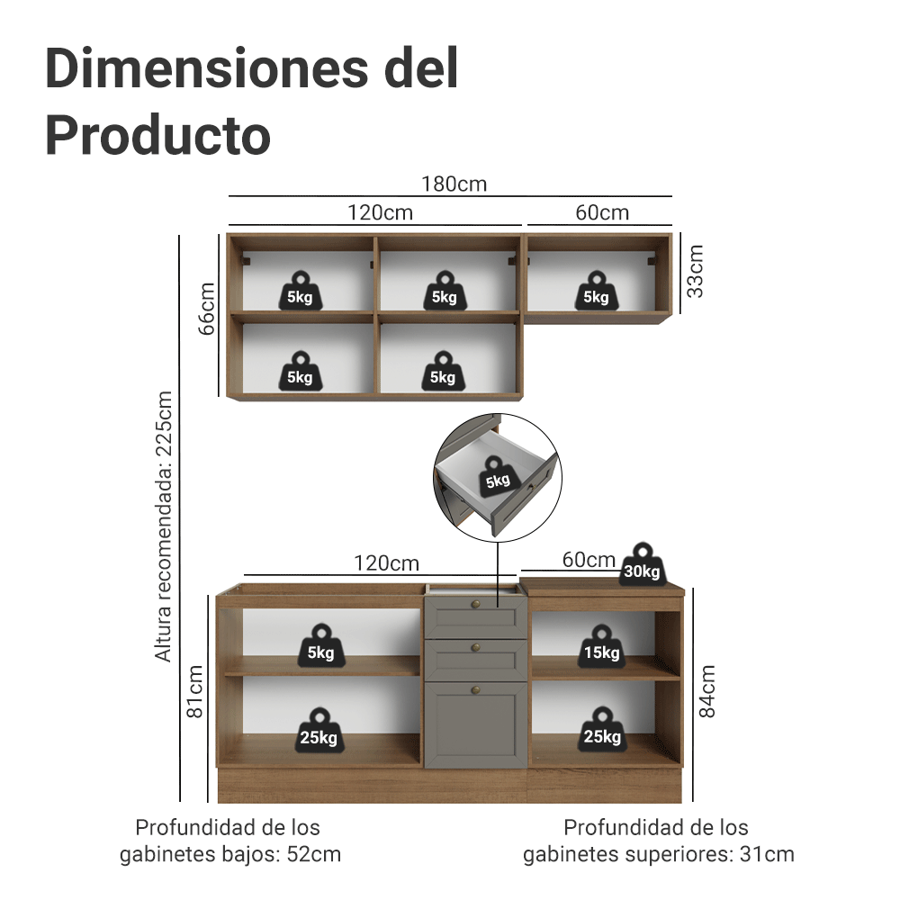 Cocina Integral Vik 1.80 Metros Marrón/Gris 01
