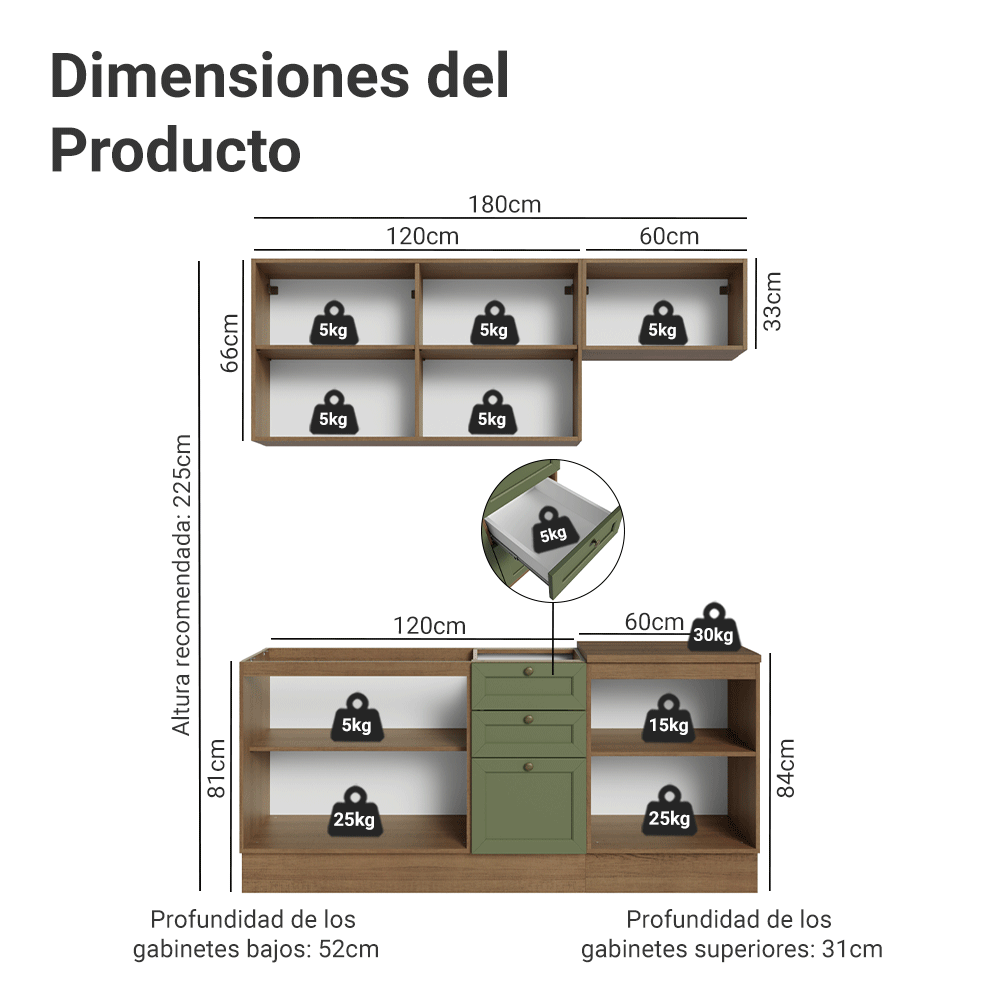 Cocina Integral Vik 1.80 Metros Marrón/Verde 01