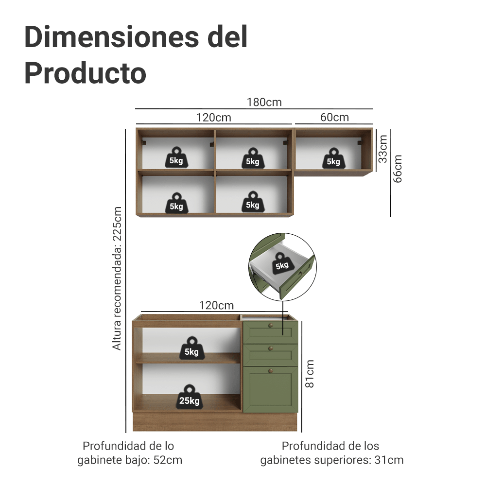Cocina Integral Vik 1.80 Metros Marrón/Verde 02